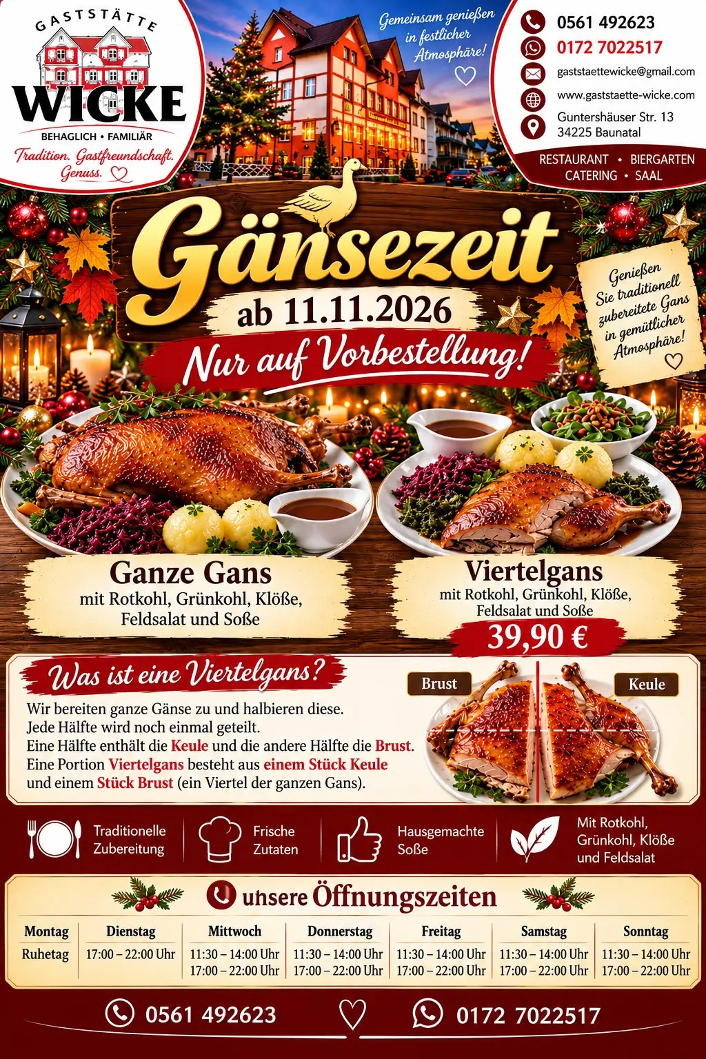 Gänsezeit in der Gaststätte Wicke ab 11. November 2026 – nur auf Vorbestellung